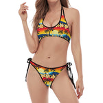 Tropical Sunset Pattern Print Halter Scoop Tie Side Bikini