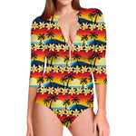Tropical Sunset Pattern Print Long Sleeve Swimsuit