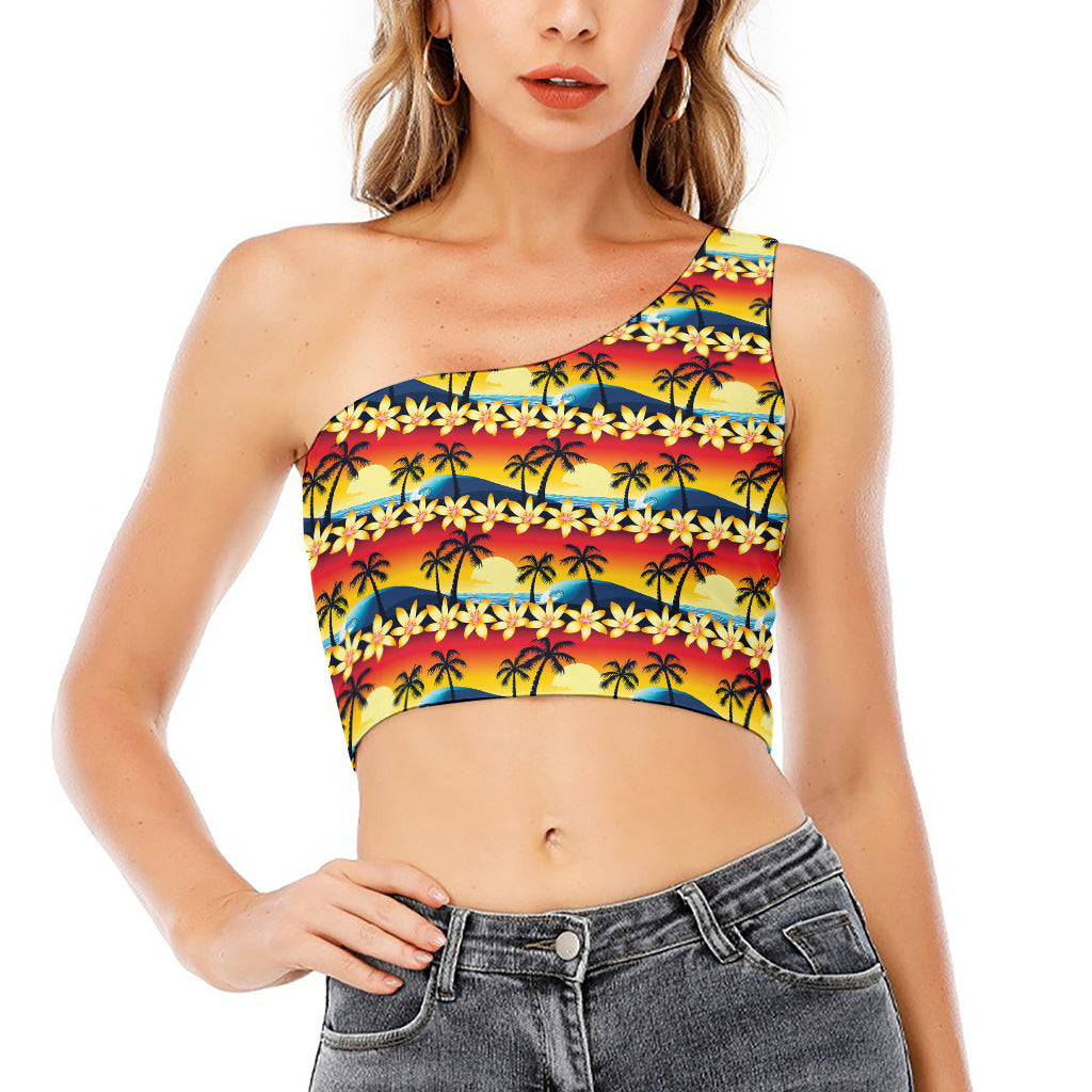 Tropical Sunset Pattern Print One Shoulder Crop Top
