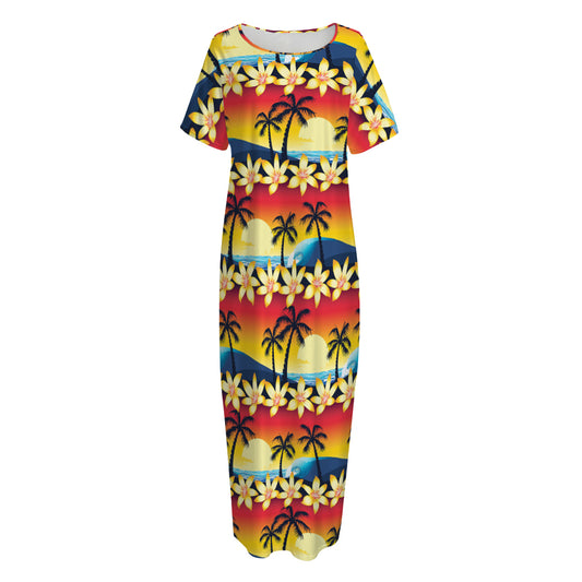 Tropical Sunset Pattern Print Short Sleeve Long Nightdress