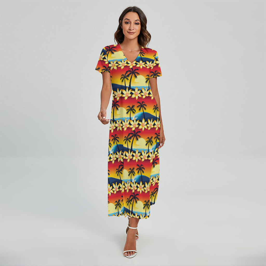 Tropical Sunset Pattern Print Short Sleeve Maxi Dress