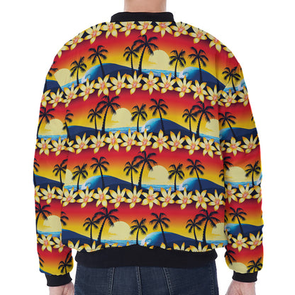 Tropical Sunset Pattern Print Zip Sleeve Bomber Jacket