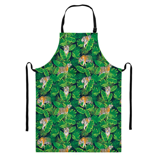 Tropical Tiger Pattern Print Bib Apron With Pocket