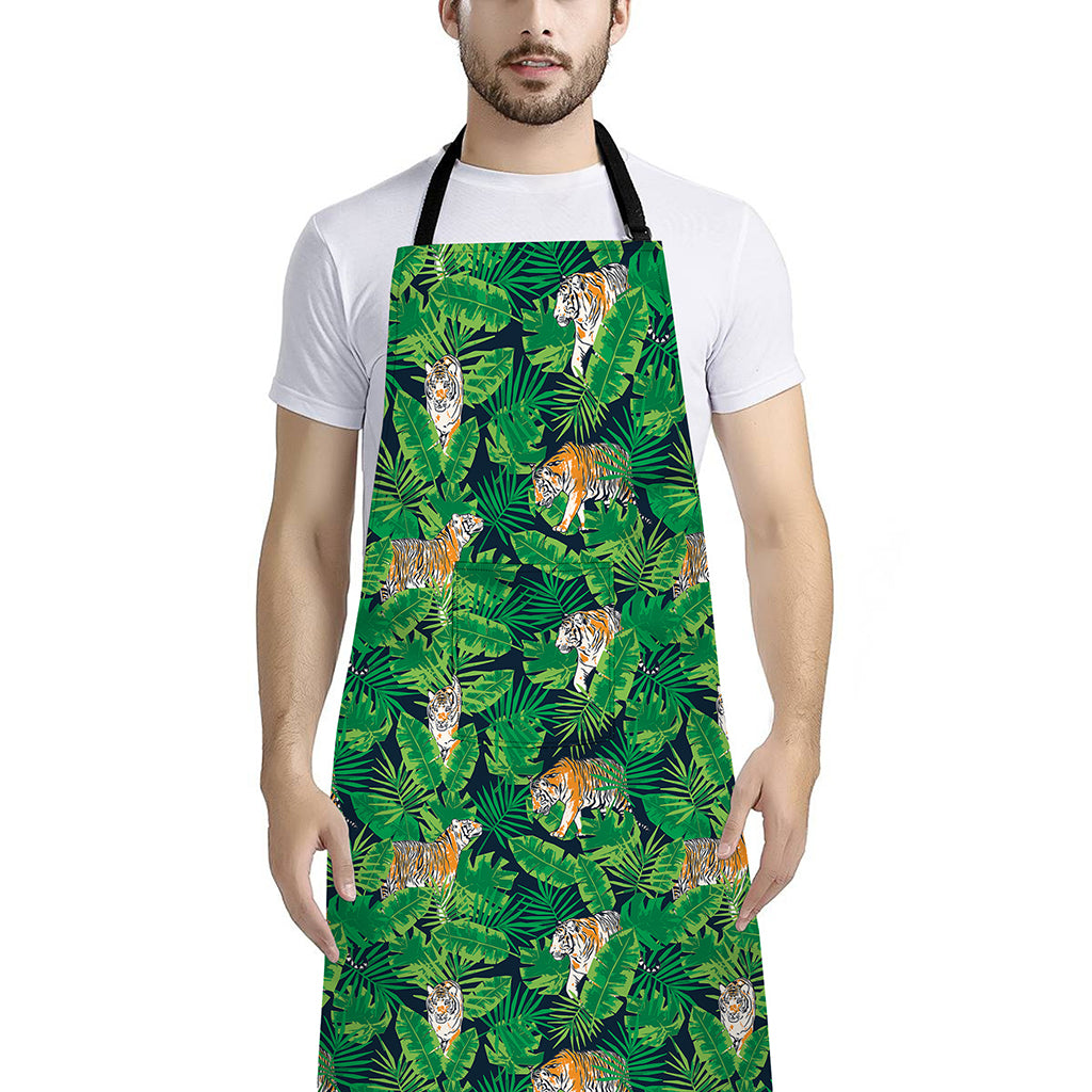 Tropical Tiger Pattern Print Bib Apron With Pocket