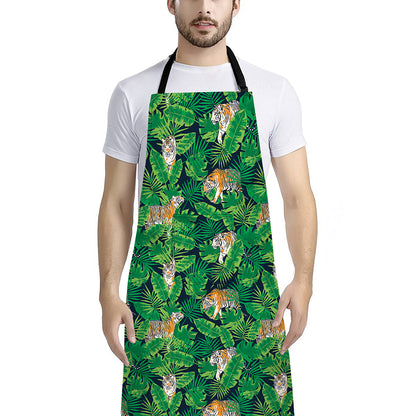 Tropical Tiger Pattern Print Bib Apron With Pocket