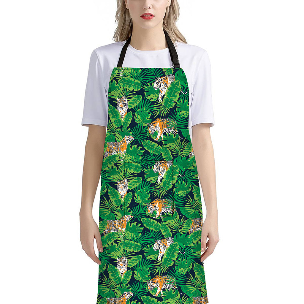 Tropical Tiger Pattern Print Bib Apron With Pocket