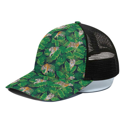 Tropical Tiger Pattern Print Black Mesh Trucker Cap