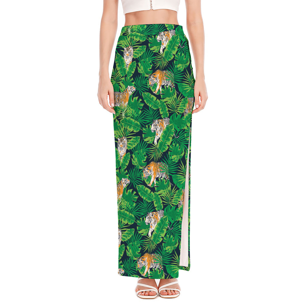 Tropical Tiger Pattern Print High Slit Maxi Skirt