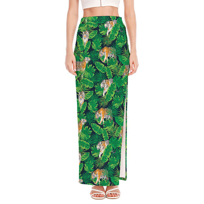 Tropical Tiger Pattern Print High Slit Maxi Skirt