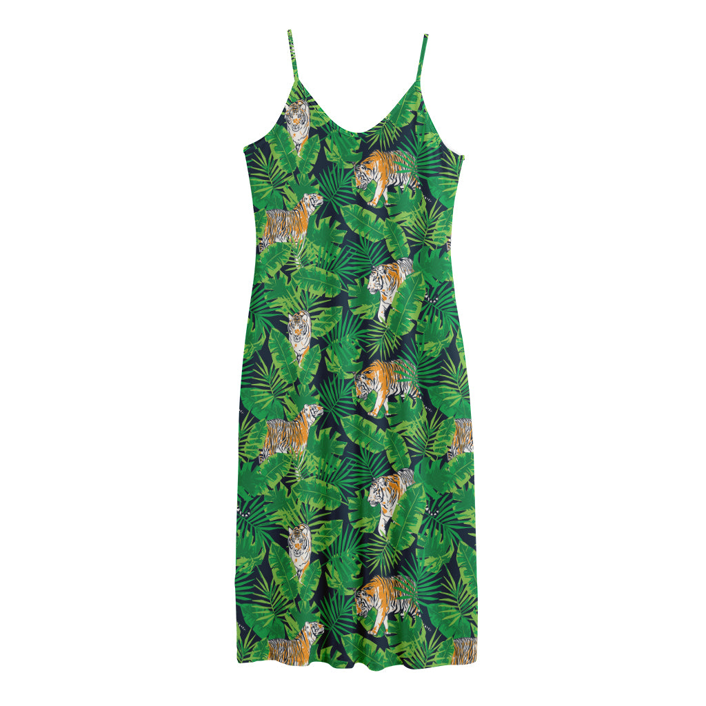 Tropical Tiger Pattern Print Jersey Midi Cami Dress