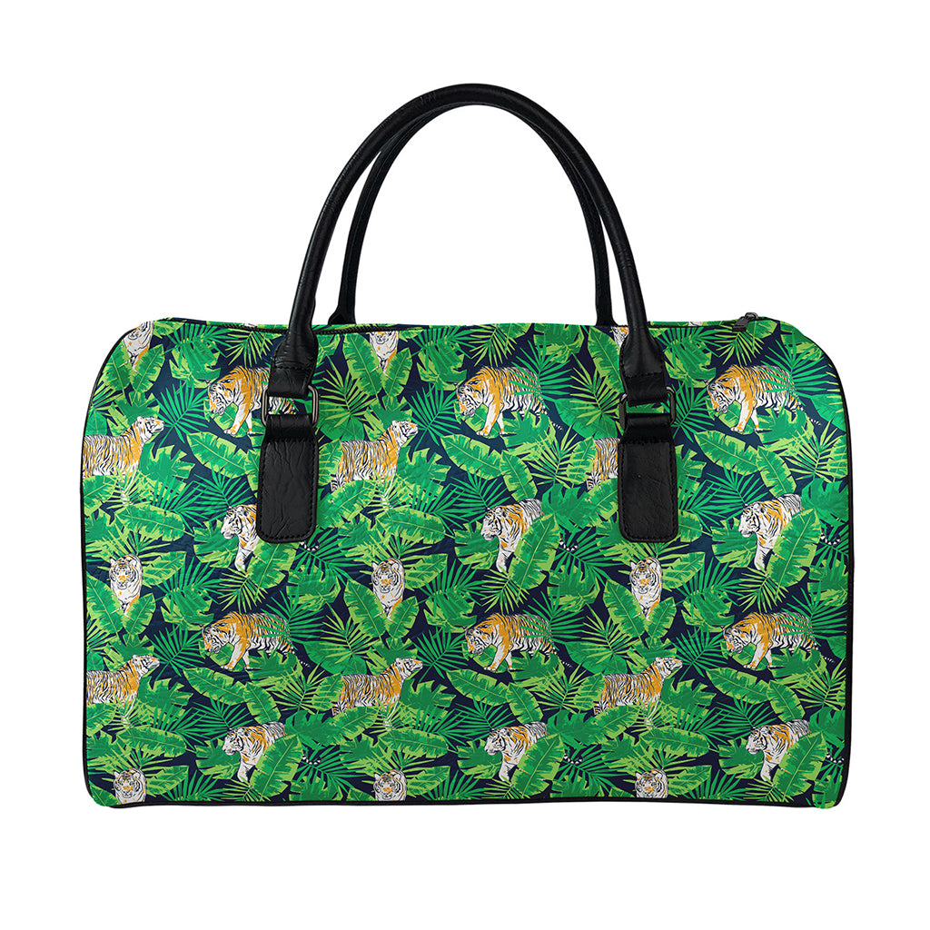 Tropical Tiger Pattern Print Leather Duffle Bag
