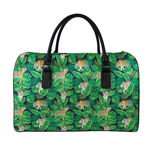 Tropical Tiger Pattern Print Leather Duffle Bag