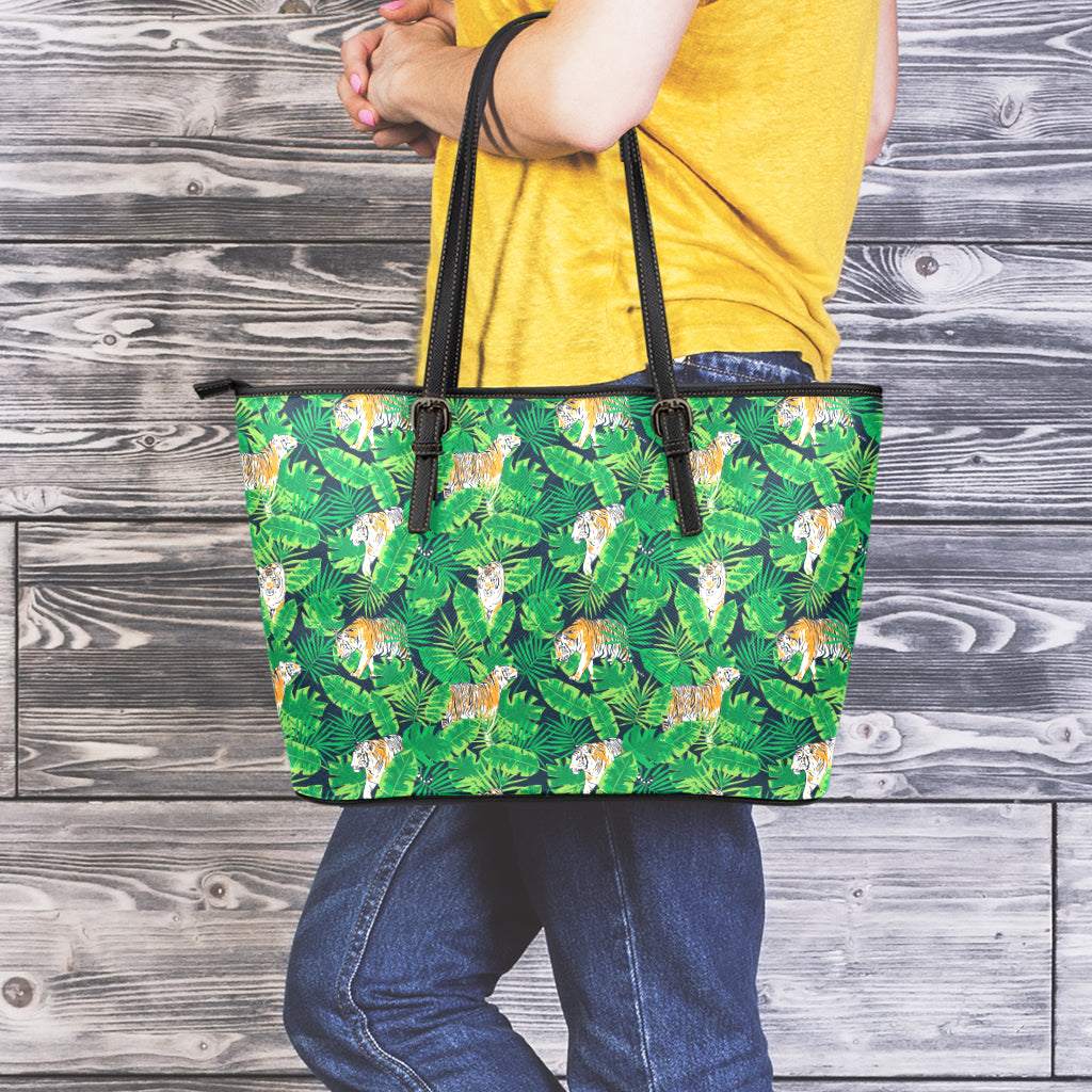 Tropical Tiger Pattern Print Leather Tote Bag