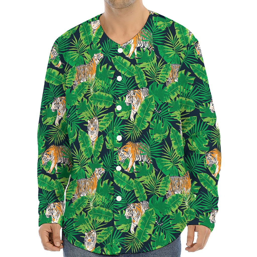 Tropical Tiger Pattern Print Long Sleeve Baseball Jersey