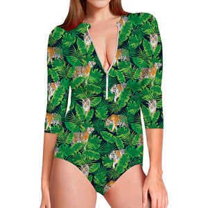 Tropical Tiger Pattern Print Long Sleeve Swimsuit