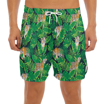 Tropical Tiger Pattern Print Men's Split Running Shorts