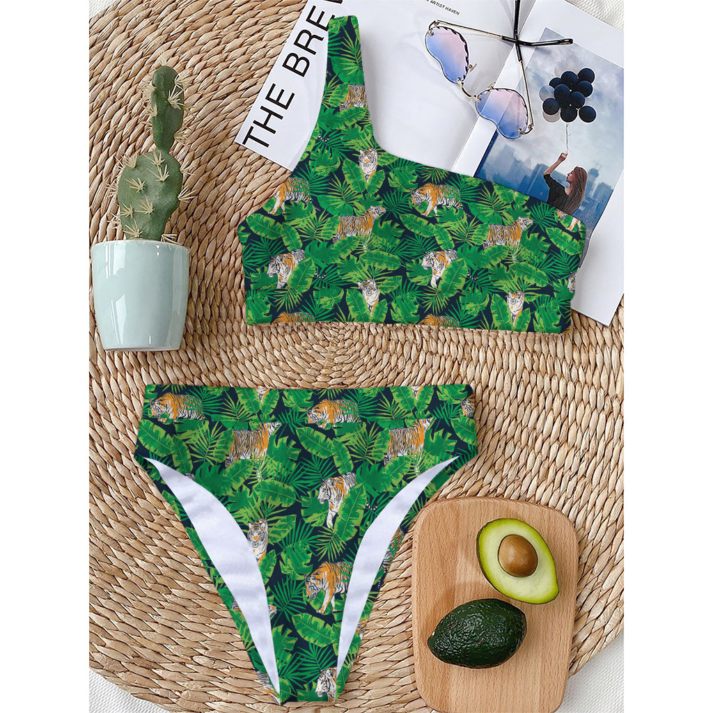 Tropical Tiger Pattern Print One Shoulder Bikini Top