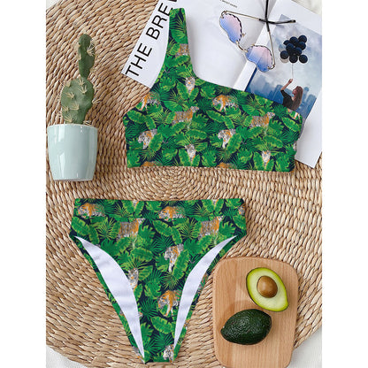 Tropical Tiger Pattern Print One Shoulder Bikini Top