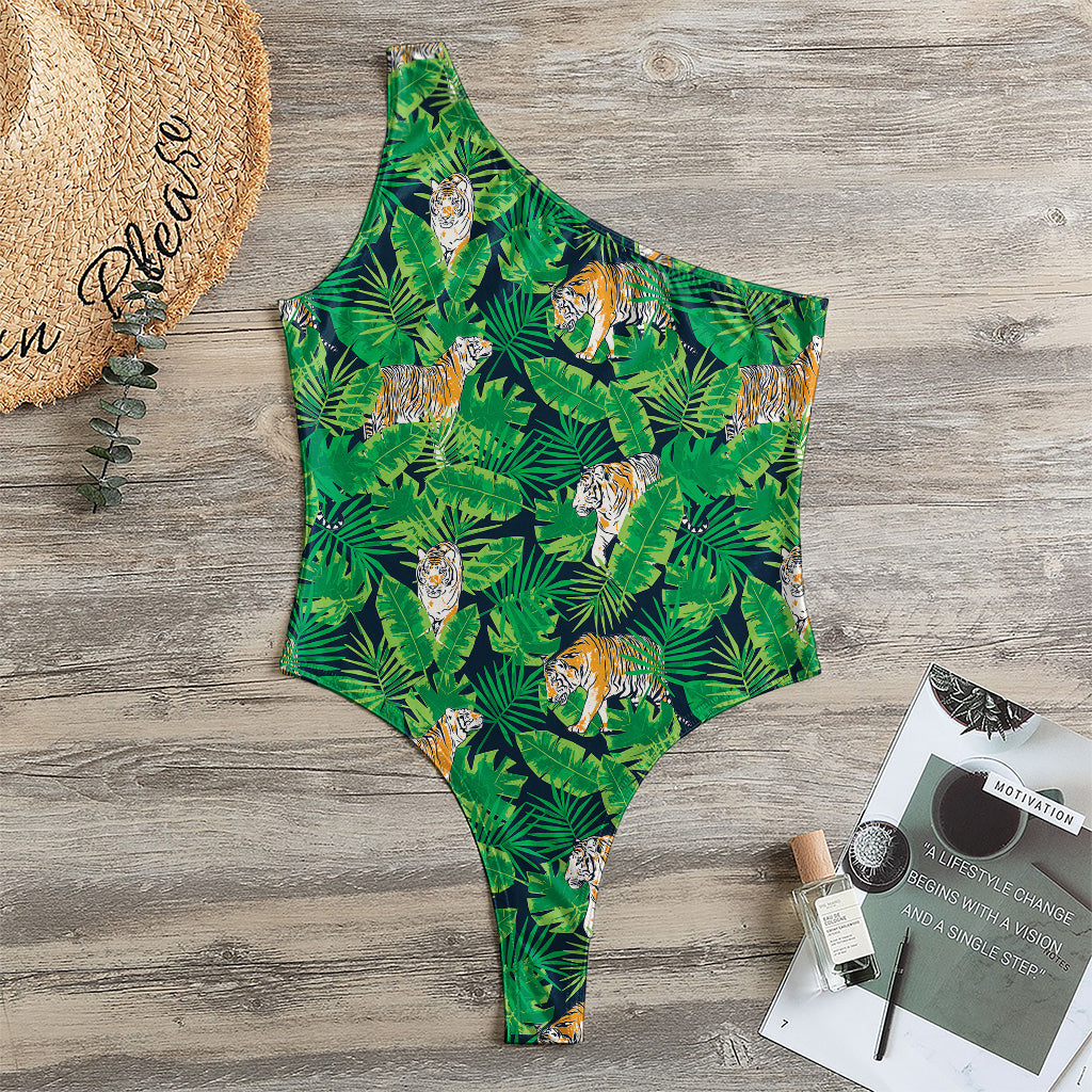 Tropical Tiger Pattern Print One Shoulder Bodysuit