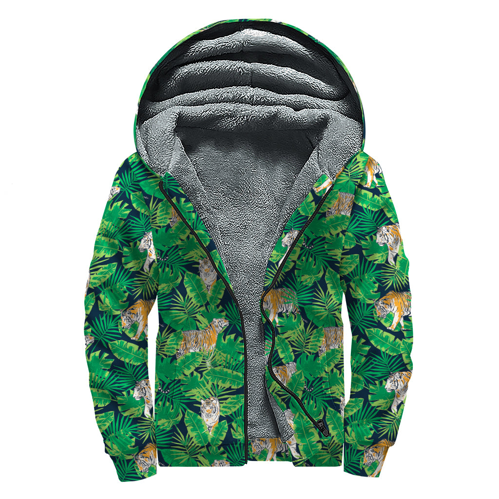 Tropical Tiger Pattern Print Sherpa Lined Zip Up Hoodie