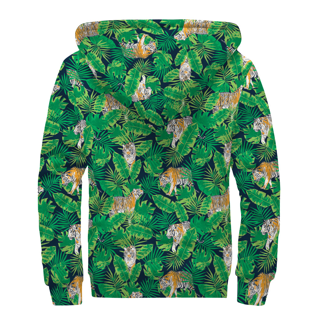 Tropical Tiger Pattern Print Sherpa Lined Zip Up Hoodie