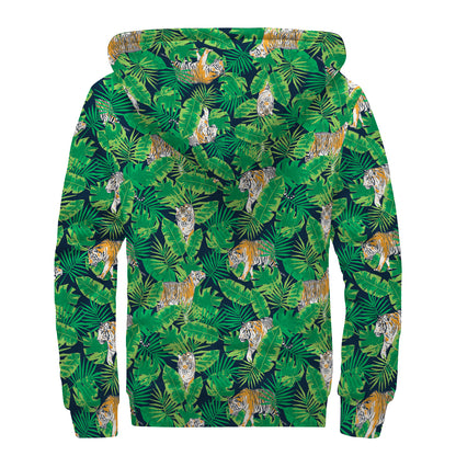 Tropical Tiger Pattern Print Sherpa Lined Zip Up Hoodie