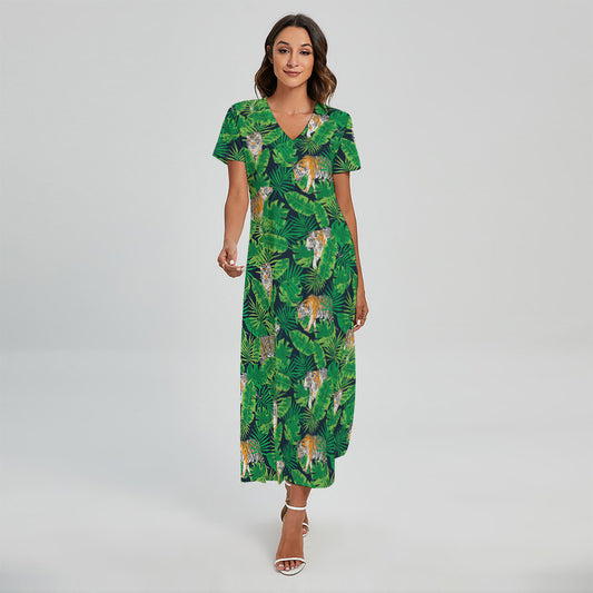 Tropical Tiger Pattern Print Short Sleeve Maxi Dress