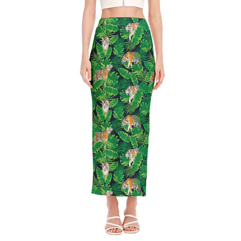 Tropical Tiger Pattern Print Side Slit Maxi Skirt