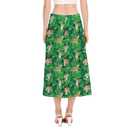 Tropical Tiger Pattern Print Side Slit Midi Skirt
