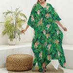 Tropical Tiger Pattern Print Silk V-Neck Kaftan Dress