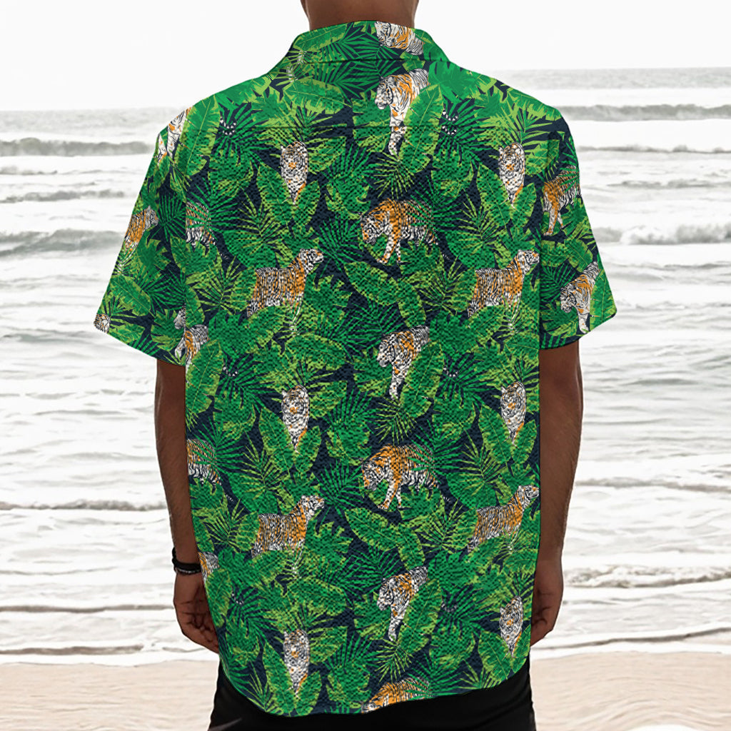 Tropical Tiger Pattern Print Textured Short Sleeve Shirt