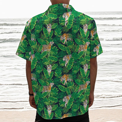 Tropical Tiger Pattern Print Textured Short Sleeve Shirt