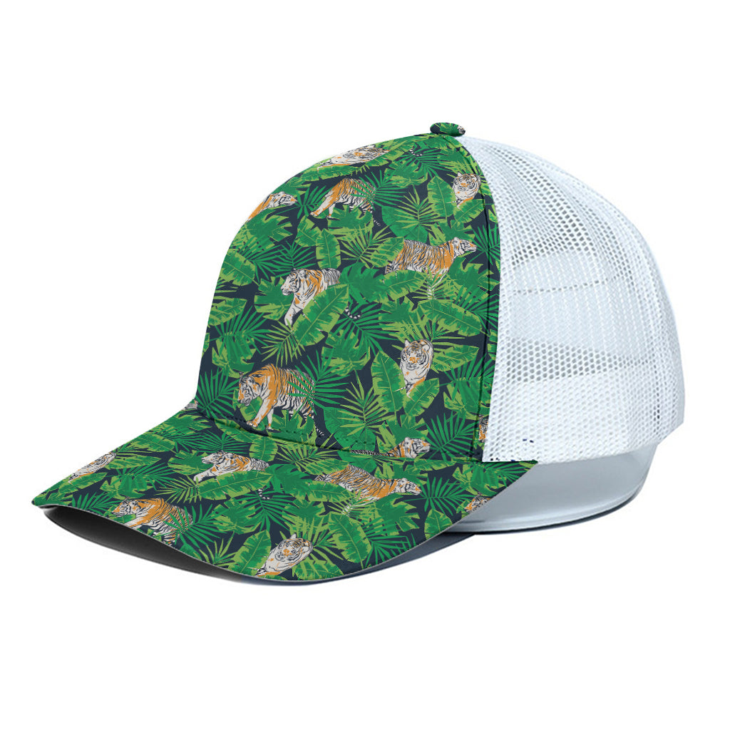 Tropical Tiger Pattern Print White Mesh Trucker Cap