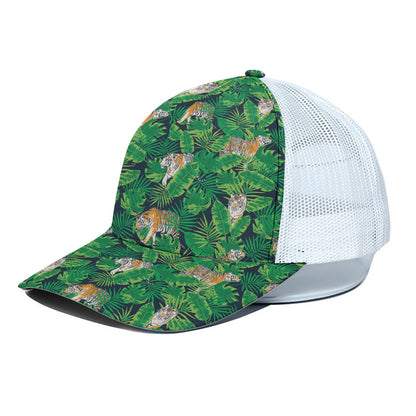 Tropical Tiger Pattern Print White Mesh Trucker Cap