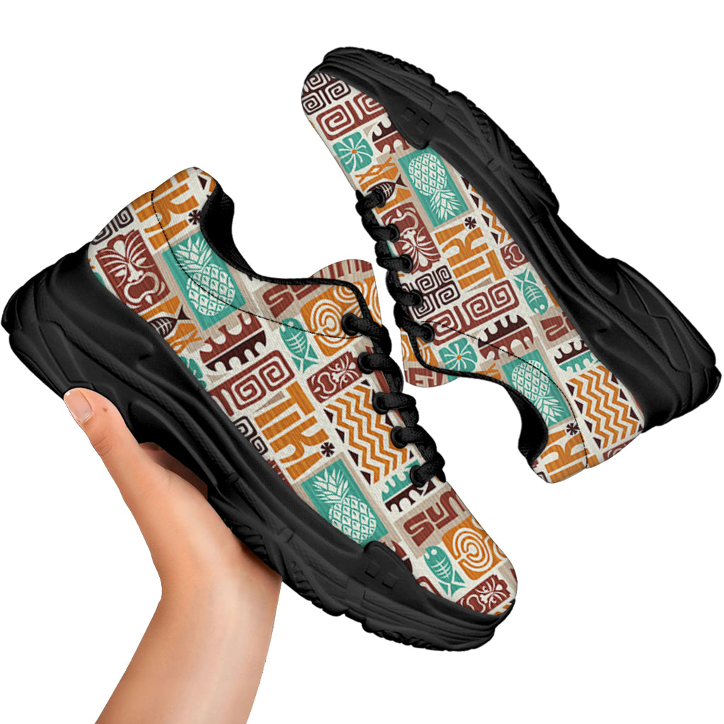 Tropical Tiki Pattern Print Black Chunky Shoes