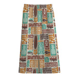 Tropical Tiki Pattern Print Cotton Front Slit Maxi Skirt