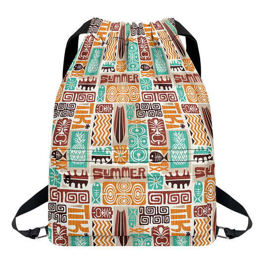 Tropical Tiki Pattern Print Drawstring Backpack