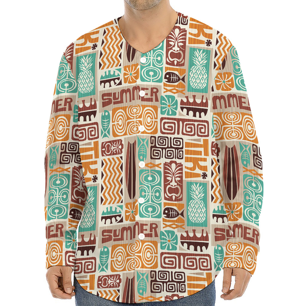 Tropical Tiki Pattern Print Long Sleeve Baseball Jersey