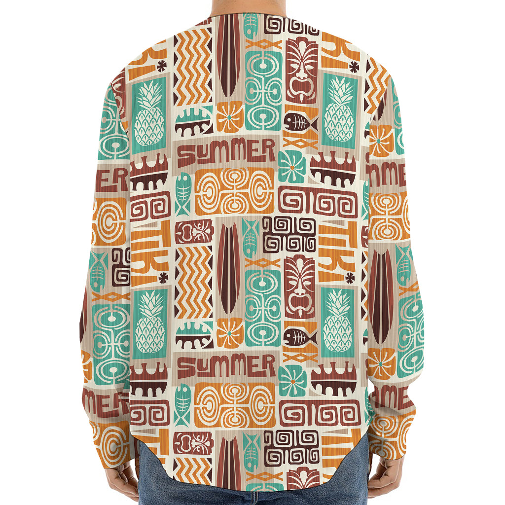 Tropical Tiki Pattern Print Long Sleeve Baseball Jersey