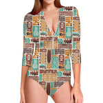 Tropical Tiki Pattern Print Long Sleeve Swimsuit
