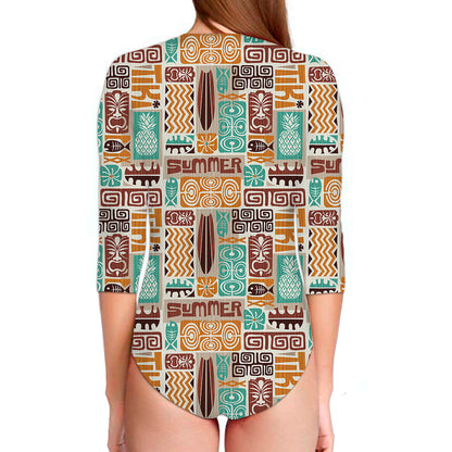 Tropical Tiki Pattern Print Long Sleeve Swimsuit