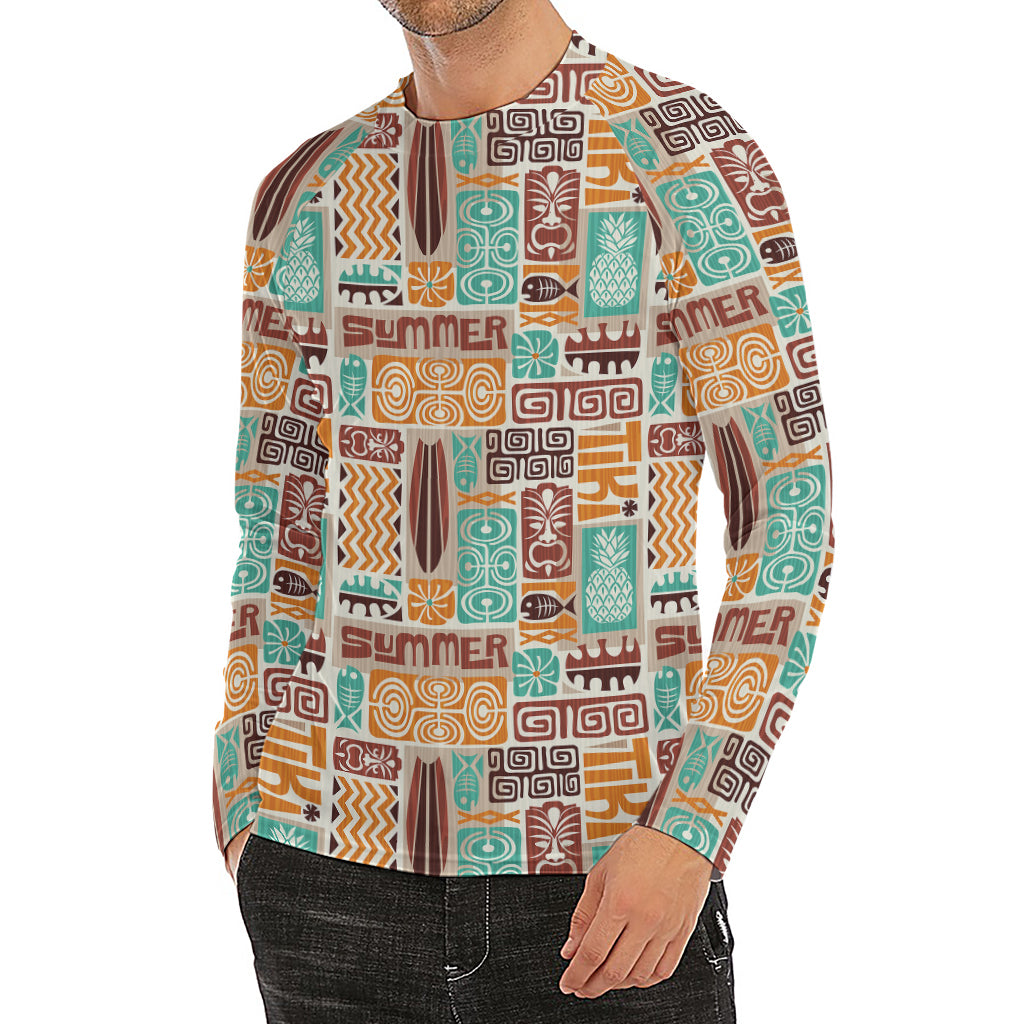 Tropical Tiki Pattern Print Men's Long Sleeve Rash Guard