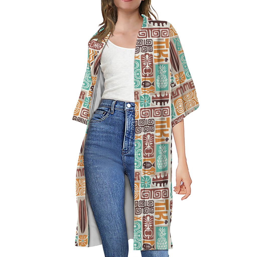 Tropical Tiki Pattern Print Open Front Beach Cover Up