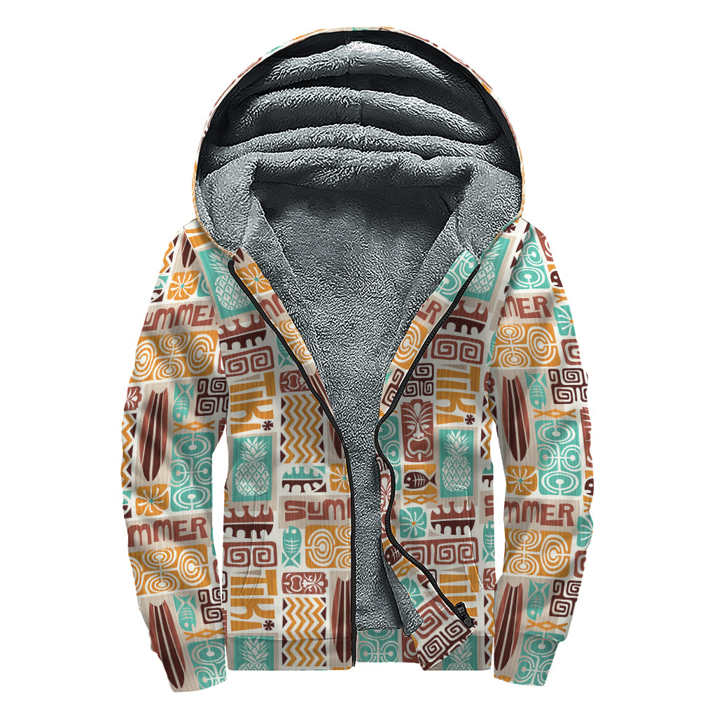 Tropical Tiki Pattern Print Sherpa Lined Zip Up Hoodie