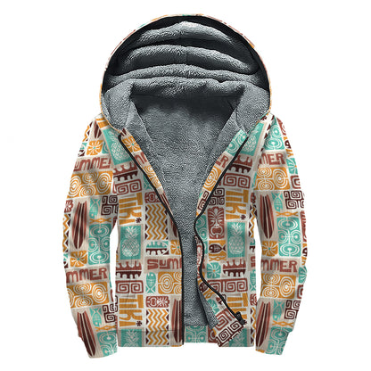 Tropical Tiki Pattern Print Sherpa Lined Zip Up Hoodie