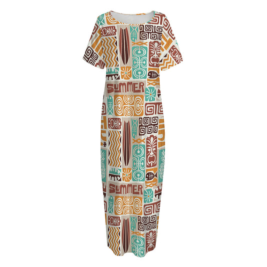 Tropical Tiki Pattern Print Short Sleeve Long Nightdress