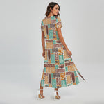 Tropical Tiki Pattern Print Short Sleeve Maxi Dress