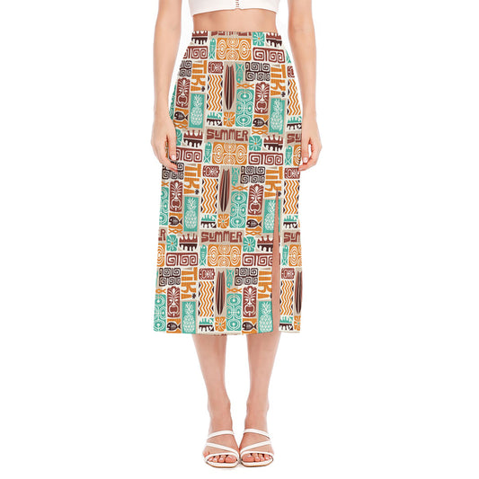 Tropical Tiki Pattern Print Side Slit Midi Skirt
