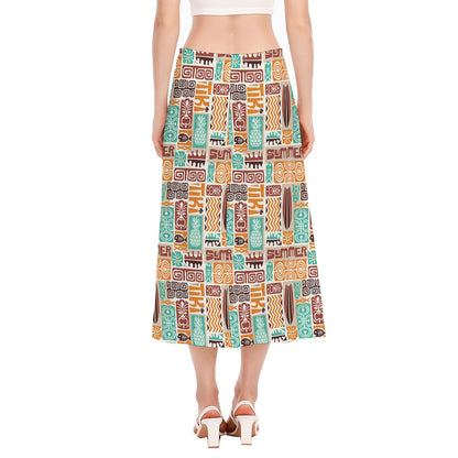 Tropical Tiki Pattern Print Side Slit Midi Skirt