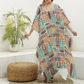 Tropical Tiki Pattern Print Silk V-Neck Kaftan Dress